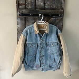 Men's Vintage GAP Bomber Style Lined Jean Jacket w/Taupe Sleeves & Collar